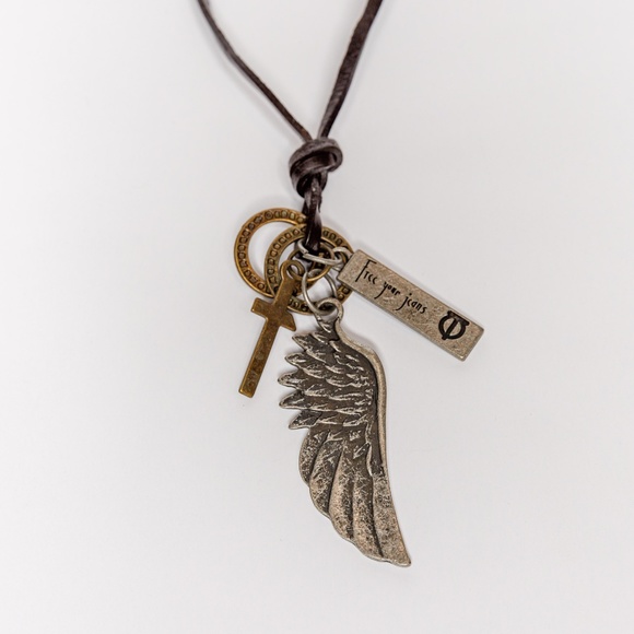 Leather Necklace with Wing and Cross Pendant - Picture 2 of 3